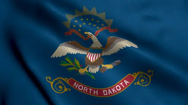 Photo of North Dakota State Flag. Waving Fabric Satin Texture National Flag of North Dakota 3D Illustration. Real Texture Flag of the State of North Dakota in the United States of America. USA