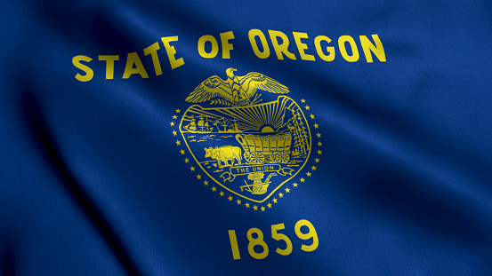 Oregon State Flag. Waving Fabric Satin Texture National Flag of Oregon 3D Illustration. Real Texture Flag of the State of Oregon in the United States of America. USA. High Detailed Flag