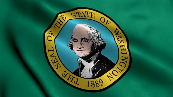 Washington State Flag. Waving Fabric Satin Texture National Flag of Washington 3D Illustration. Real Texture Flag of the State of Washington in the United States of America. USA. High Detailed Flag