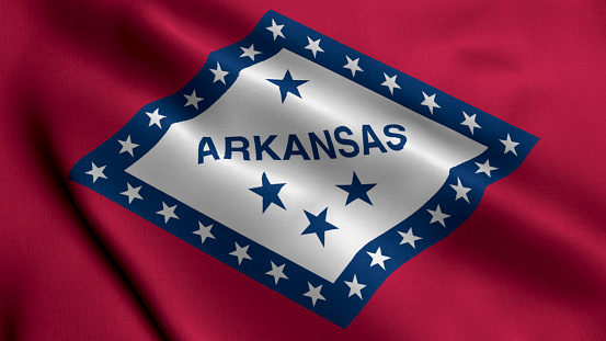 Arkansas State Flag. Waving Fabric Satin Texture National Flag of Arkansas 3D Illustration. Real Texture Flag of the State of Arkansas in the United States of America. USA. High Detailed Flag