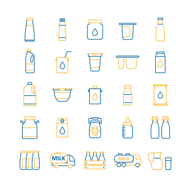 ilustraciones, imágenes clip art, dibujos animados e iconos de stock de icono vectorial de latas y botellas de leche - packaging bottle plastic wine