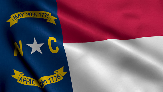 North Carolina State Flag. Waving Fabric Satin Texture National Flag of North Carolina 3D Illustration. Real Texture Flag of the State of North Carolina in the United States of America. USA