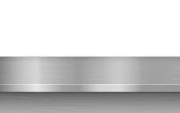 Vector illustration of Silver steel countertop, empty shelf. mockup of table top. Metal kitchen countertop. Vector illustration.
