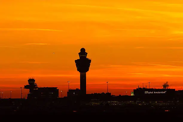 Amsterdam-Schiphol airport at sunset