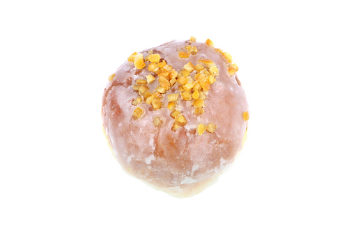 Top view of one germany donut without hole in middle on white isolated background. Also known as Berliner and Krapfen. Traditional food on carnival parties and new years eve