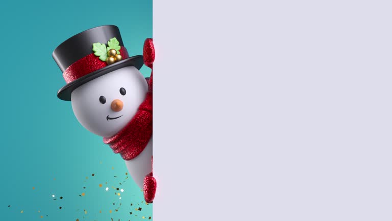 3d cartoon character. Cute snowman toy looks out the corner, holds white banner. Gold confetti falling. Happy New Year. Merry Christmas animated presentation with copy space. Winter holiday background