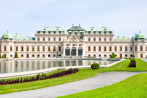 Vienna, Austria - August 2, 2023: Landscape of the Upper Belvedere palace with beautiful park and fountain