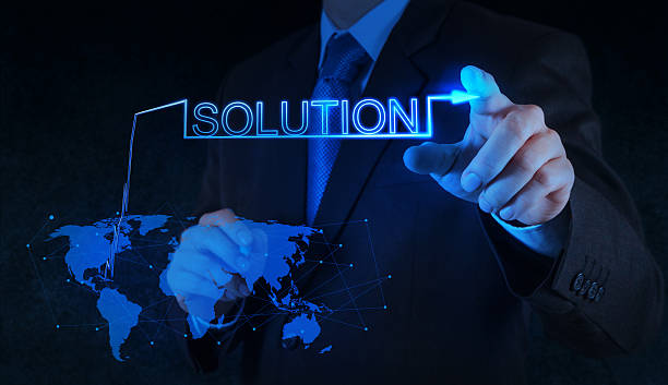 istock Businessman touches halogram of word 