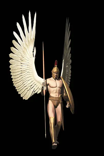 Winged warrior in with Grecian spear and shield isolated on black