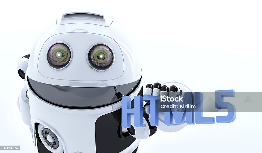 Robot z systemem android gospodarstwa Znak html5 - Zbiór zdjęć royalty-free (Biały)