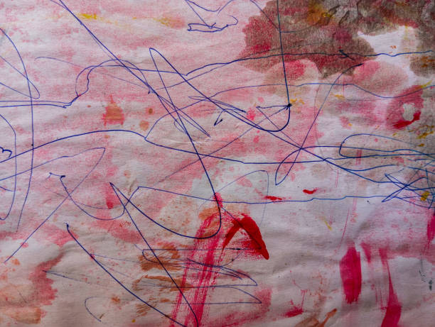 istock Dirty white paper with paint stains and blue pen scribbles. Abstract paint grunge background. Colorful paint texture with copy space. 1789816384