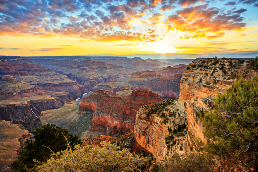 Horizontal view of famous Grand Canyon at sunrise, horizontal view