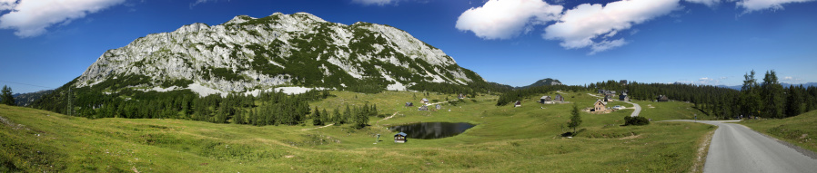 Very large panorama of the mountains and little pond