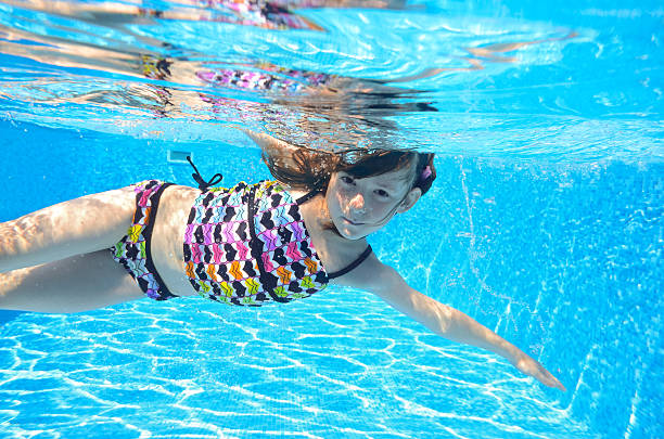 istock Happy active child swims underwater in pool 178982977