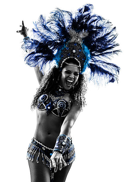 A female samba dancer in black and white with blue hues one caucasian woman samba dancer  dancing silhouette  on white background samba dancing stock pictures, royalty-free photos & images