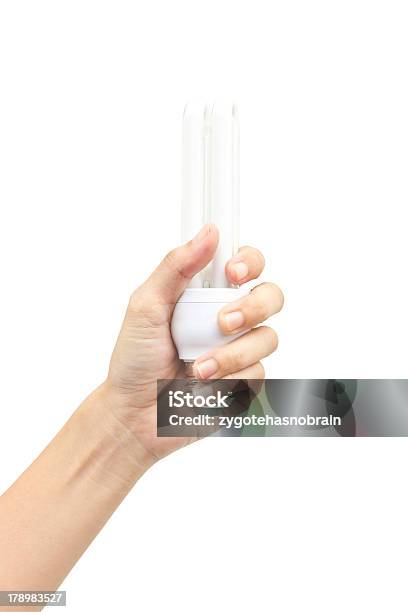 Hand Holdind Energy Saving Fluorescent Lamp Isolated On White Ba Stock Photo - Download Image Now