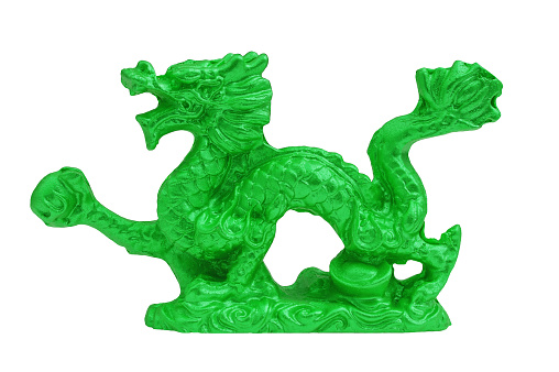 Green iron evil dragon on a white background. Side view.