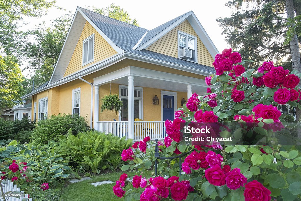 Yellow house with pink flowers Pink Rose Bush in Front of a Beautiful Yellow House.  House Stock Photo