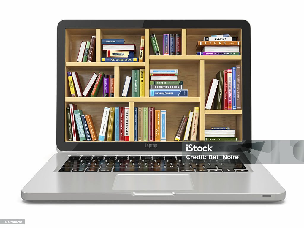 Conceptual laptop with library on screen E-learning education or internet library. Conceptual image Library Stock Photo