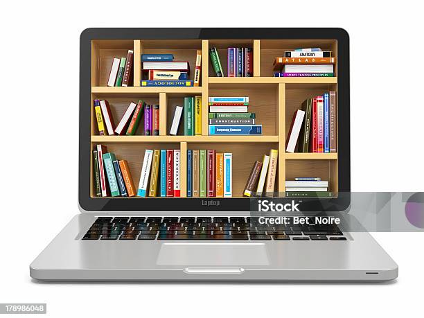 Conceptual Laptop With Library On Screen Stock Photo - Download Image Now - Library, Internet, Book