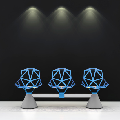 Modern waiting room chairs on lit wall, render