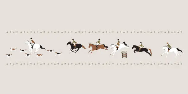 Vector illustration of Tradition fox hunting with horse riders english style with dogs on landscape