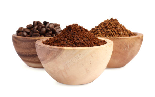 istock Bowls of beans, instant and ground coffee on white background 1789871978