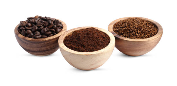 istock Bowls of beans, instant and ground coffee on white background 1789871991