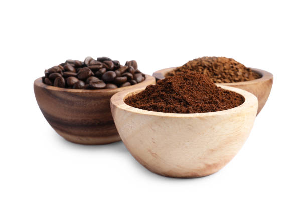 istock Bowls of beans, instant and ground coffee on white background 1789871992