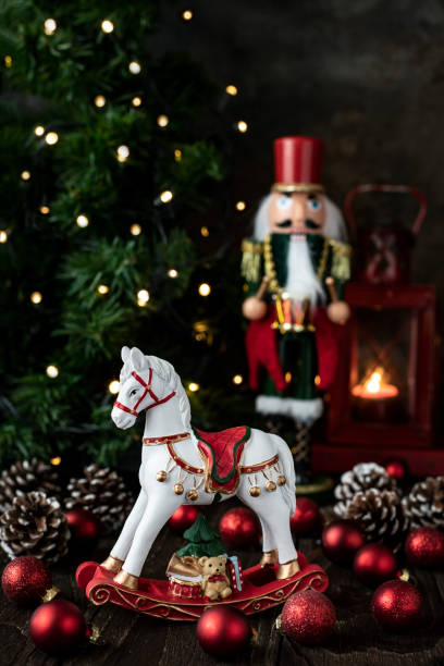 istock Christmas gift card with holiday composition with horse toy 1789873064