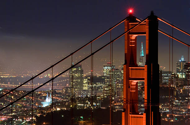 ゴールデンゲートブリッジとサンフランシスコの夜 - san francisco county golden gate bridge skyline night ストックフォトと画像