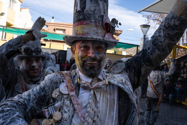 Portrait of the character playing the mayor covered in flour celebrating the end of the traditional comic battle in Ibi, Spain stock photo