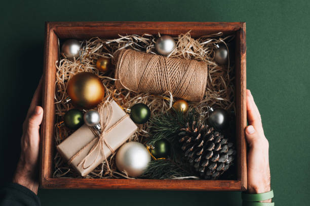 istock A wooden box with Christmas decorations. Christmas banner. 1789882094
