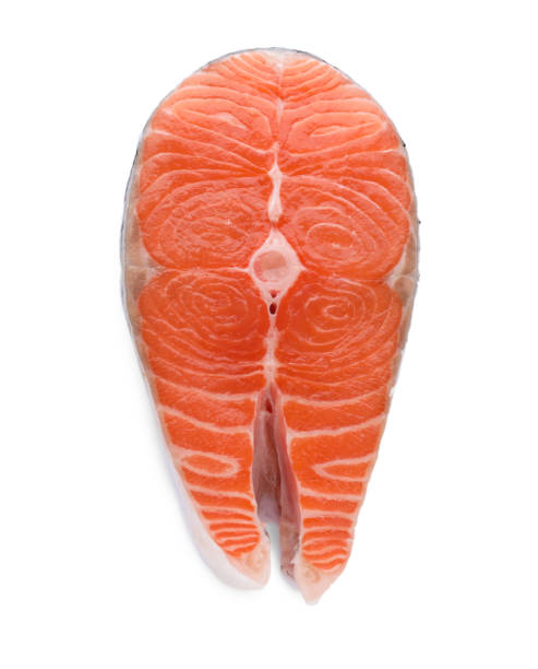 istock Fresh raw salmon steak isolated on white, top view 1789886947