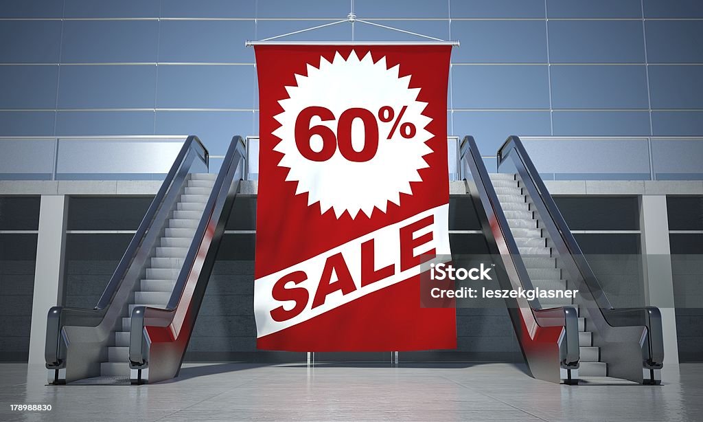 60 percent sale advertising flag and escalator 60 percent sale advertising flag and modern moving escalator stairs Advertisement Stock Photo