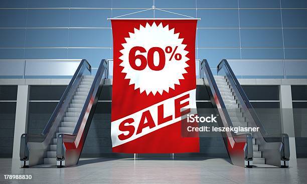 60 Percent Sale Advertising Flag And Escalator Stock Photo - Download Image Now - Advertisement, Business, Currency