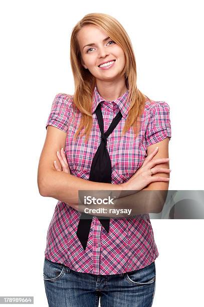 Young Woman Standing And Smiling Folded Her Hands Stock Photo - Download Image Now - Adult, Beautiful People, Beautiful Woman