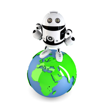 Androi Robot on top of the green earth globe. Isolated on white