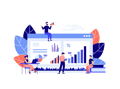 The concept of financial management, statistics and business report. Business illustrations, office workers study infographics, evolutionary scale analysis. Vector illustration for landing page