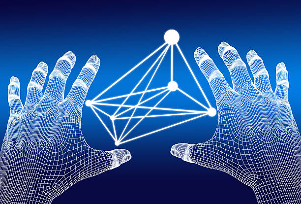 3 d wireframe mano pulsante rete - touching human finger choice push button foto e immagini stock