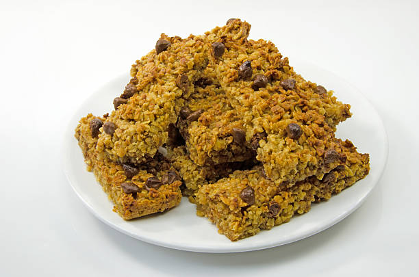 Delicious oaty chocolate flapjacks stacked stock photo