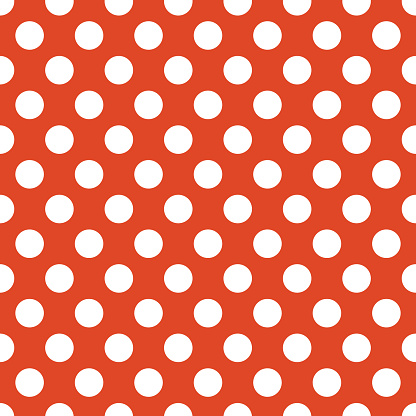 OLGA (1979) “polka dots” textile seamless pattern • Late 1970’s fashion style, fabric print (bright red backdrop with white dots).