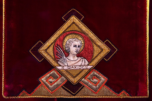 Detail of embroidery on an ancient religious vestment in Albi Cathedral, France