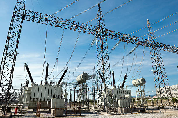 high voltage substation - umspannwerk stock-fotos und bilder