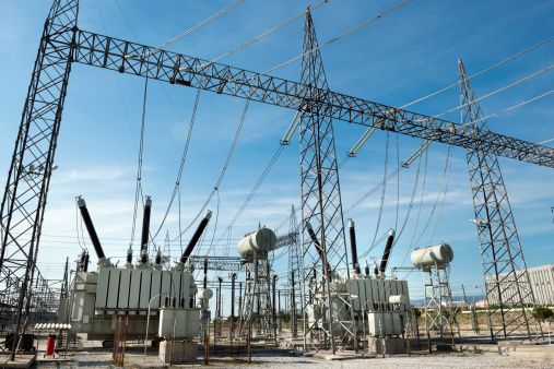 High voltage transformer substation. Electrical transformer: equipment used to step up or step down voltage, high voltage power plant