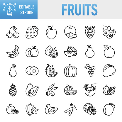 Fruits Line Icons. Set of vector creativity icons. 64x64 Pixel Perfect. For Mobile and Web. The set contains icons: Idea generation preparation inspiration influence originality, concentration challenge launch. Contains such icons as Fruit, Strawberry, Apple - Fruit, Orange - Fruit, Grape, Blueberry, Avocado, Mango Fruit, Banana, Cherry, Pineapple, Peach, Kiwi Fruit, Blackberry - Fruit, Watermelon, Pear, Coconut, Durian, Plum, Cantaloupe, Pumpkin, Apricot, Raspberry, Pomegranate, Fig, Nectarine, Tangerine, Quince, Dragon, Pitaya, Olive - Fruit, Starfruit, Tamarind, Healthy Eating, Food, Healthy Lifestyle, Supermarket, Dieting, Freshness, Market - Retail Space, Organic, Citrus Fruit, Tropical Fruit, Healthy Eating, Healthy Lifestyle