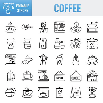 Coffee Line Icons. Set of vector creativity icons. 64x64 Pixel Perfect. For Mobile and Web. The layers are named to facilitate your customization. Vector Illustration (EPS10, well layered and grouped), easy to edit, manipulate, resize or colorize. Vector and Jpeg file of different sizes. The set contains icons: Contains such icons as Coffee - Drink, Coffee Break, Cafe, Cup, Drink, Coffee Shop, Cafeteria