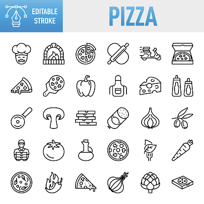 Pizza Line Icons. Set of vector creativity icons. 64x64 Pixel Perfect. Editable stroke. For Mobile and Web. The set contains icons: Idea generation preparation inspiration influence originality, concentration challenge launch. Contains such icons as Pizza, Slice of Food, Rolling Pin, Pizzeria, Pizza Box, Pizza Oven, Pizza Cutter, Pizza Delivery Person, Edible Mushroom, Tomato, Cheese, Dough, Food, Fast Food, Chef, Oven, Delivering, Box - Container, Italian Food, Mushroom, Salami, Motorcycle, Bell Pepper, Garlic, Olive - Fruit, Delivery Person, Chili Pepper, Onion, Carrot, Artichoke, Olive Oil, Vegetarian Food, Vegan Food, Apron, Mayonnaise, Ketchup, Pepperoni, Tomato Sauce