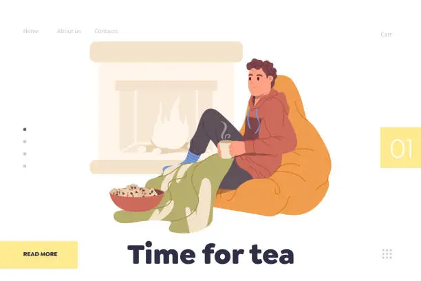 Vector illustration of Time for tea landing page template with relaxed man cartoon character resting at home design