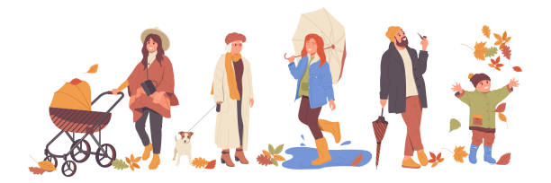 счастливые люди мультяшные герои разных возрастов, гуляющие по осенней улице за пределами изолированного набора - falling people tripping senior women stock illustrations